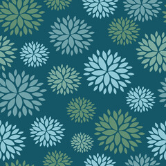 Abstract floral seamless pattern in blue green colors. Big blooming daisy flowers. Decorative illustration for wrapping, textile, fabric, wallpaper.