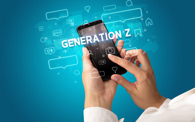 Hand using smartphone with social media concept