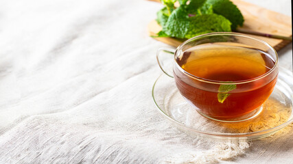 Herbal drink concept large image. Glass of aromatic Mint tea glass with Mentha bunch on linen tablecloth. Copy space.