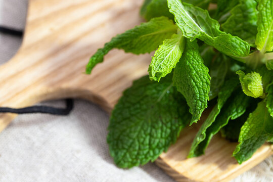 Medicinal Plant Mentha O Mint On Wooden Board For Home Herbal  Remedies And Natural Medicine Concept.