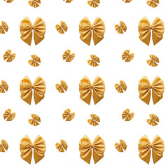 Seamless pattern Gift Satin golden Bow isolated on white background.. Pattern for fabric print, wrapping paper design. Birthday, New Year and Christmas background. Holiday design