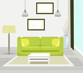 Interior of modern living room with sofa furniture, table, floor lamp, large window, wall painting, vector illustration in flat style.