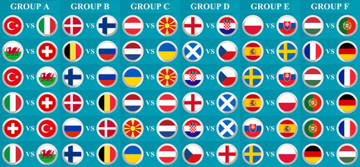 euro 2020 tournament final stage groups vector illustration. print, sticker, banner, decorative
