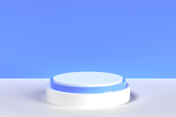 Scène minimaliste avec un podium - plateforme composée de plusieurs ronds - design aux formes géométriques et moderne - blanc et bleu - illustration 3D