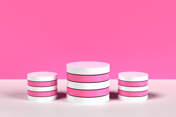 Scène minimaliste avec un podium - trois plateformes composées de plusieurs ronds - design aux formes géométriques et moderne - blanc et rose - illustration 3D