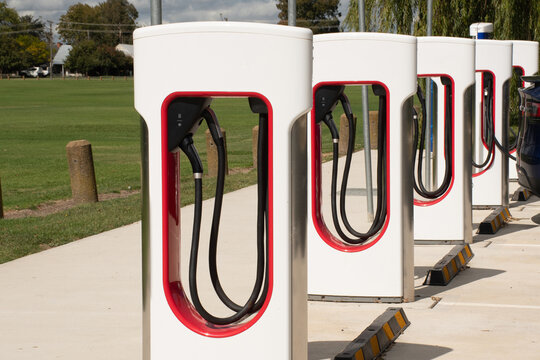 Bathurst, Australia - 2021-04-07 Tesla electric car vehicle charger station. Environment friendly innovative feature