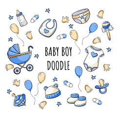 Hand drawn set of baby elements icons in doodle sketch style. Vector illustration for icon, background, frame design.