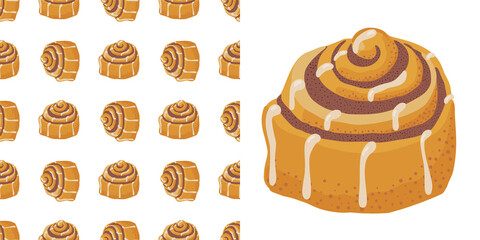 Cinnamon bun cartoon style vector illustration. Doodle clip art element for cafe menu or chalkboard.