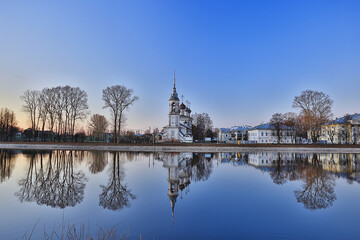 Fototapeta na wymiar church river panorama vologda, landscape orthodoxy tourism russia
