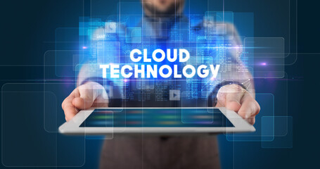 Person holding tablet, technology concept