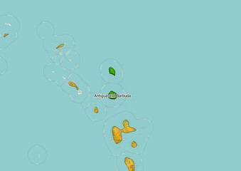 Antigua and Barbuda map showing country highlighted in green color with rest of Ocean in blue