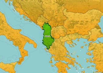Albania map showing country highlighted in green color with rest of European countries in brown