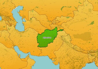 Afganistan map showing country highlighted in green color with rest of South Asia countries in brown