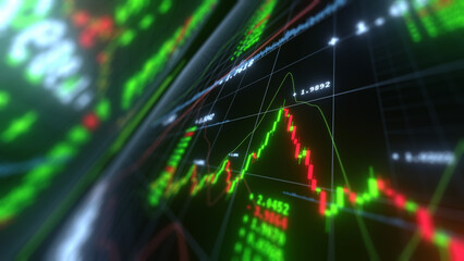 Business investment finance analysis data statistics digital stock market exchange forex trading graph chart financial candlestick indicator screen board abstract graphic design background. 3d render.
