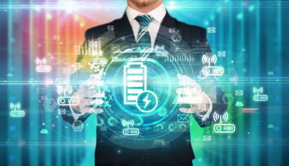 Businessman holding technology icon concept