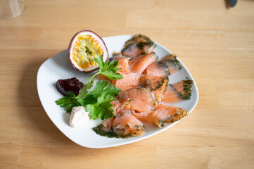 smoked salmon served on a plate for brunch