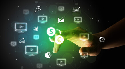 Fototapeta premium Businessman finger touching on screen multimedia interface with hand drawn currency icons