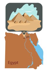 Vector illustration of a map of Egypt. Giza pyramid.