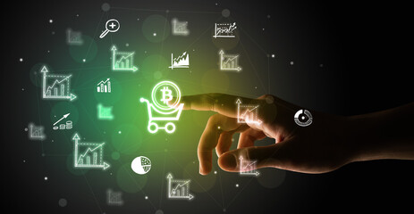 Businessman finger touching on screen multimedia interface with hand drawn currency icons