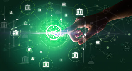 Businessman hand pressing stock graphic information on multitouch screen