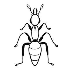 Contour ant icon. Creative illustration. Black sketch. Idea for decors, logo, patterns, papers, covers, gifts, summer and autumn garden, insect natural themes. Isolated vector art.