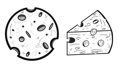 Contour round and piece of cheese icons. Creative illustrations. Sketch. Idea for decors, logo, patterns, papers, covers, gifts, celebrations and holidays, organic food themes. Isolated vector art.