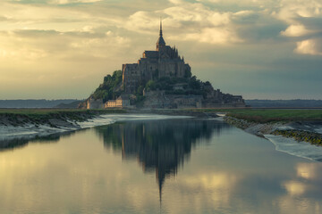 The Mont Saint Michel and its bay at the sunset 