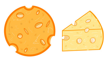 Round and piece of cheese icons. Creative illustrations. Sketch. Idea for decors, logo, patterns, papers, covers, gifts, celebrations and holidays, organic food themes. Isolated vector art.