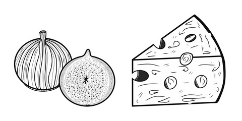Contour piece of cheese, fig icons. Creative illustrations. Black sketch. Idea for decors, logo, patterns, papers, covers, gifts, celebrations and holidays, organic food themes. Isolated vector art.