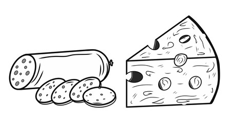 Contour piece of cheese, wurst icons. Creative illustrations. Black sketch. Idea for decors, logo, patterns, papers, covers, gifts, celebrations and holidays, organic food themes. Isolated vector art.