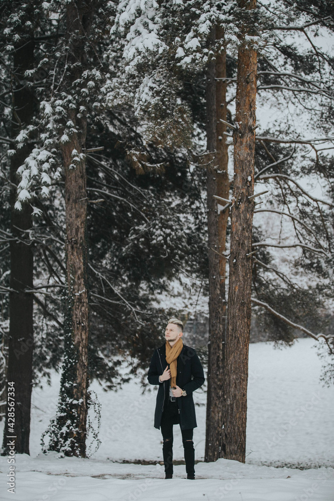 Wall mural Handsome young man in a black winter outfit with a brown scarf standing in a snowy forest path