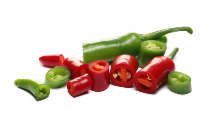 Fresh colorful spicy peppers, slices paprika isolated on white background