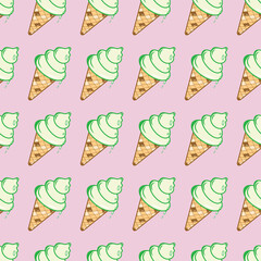 Waffle ice cream pattern. Idea for decors, ornaments, wallpapers, gifts, damask, paper, covers, templates, celebrations, summer holidays, food themes. Creative vector illustration on pink.