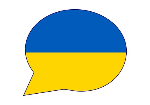 Ucrania dice, habla u opina. Se habla ucraniano. Bocadillo con la bandera de Ucrania