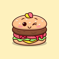 CUTE BURGER SMILING WEARING A HAT IN CARTOON STYLE ILLUSTRATION.