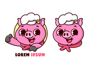 CUTE PINK PIG WEARING CHEF HAT SMILING IN CARTOON STYLE MASCOT.