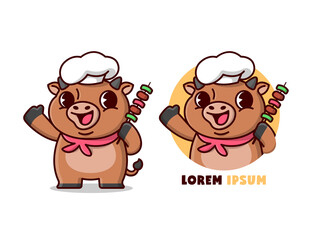 CUTE BROWN BULL CHEF BRINGS A BARBEQUE MEAT IN CARTOON STYLE MASCOT. 