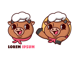 CUTE BROWN BULL CHEF SMILING CARTOON STYLE MASCOT 