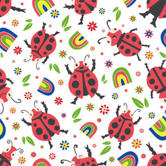 Cute ladybirds and rainbows seamless vector pattern background. Happy dancing ladybugs in childlike drawing style. Design in primary colors with garden bugs, flowers.All over print for children