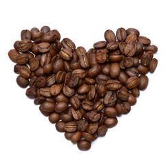 Heart shaped roasted coffee beans isolated on white background