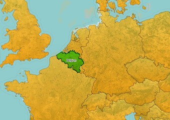 Belgium map showing country highlighted in green color with rest of European countries in brown