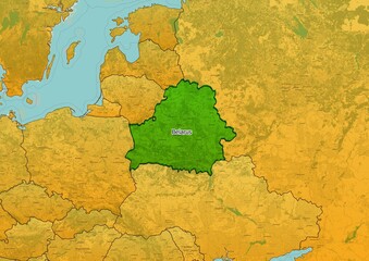 Belarus map showing country highlighted in green color with rest of European countries in brown