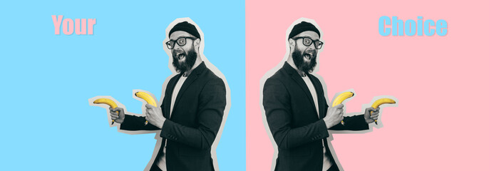 Crazy hipster guy with bananas showing left and right . Collage in magazine style. Flyer with trendy colors. Discount, season sales. Colorful concept. Modern  creative artwork. Time make your choice.