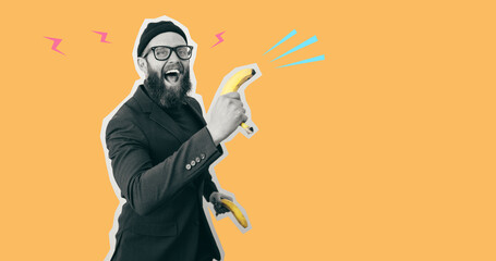 Crazy hipster guy with bananas like pistols pointing at your text . Collage in magazine style....