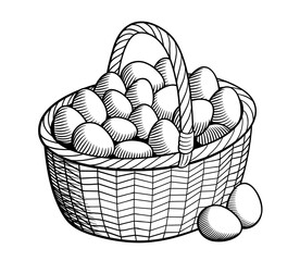 Black and white retro style vector illustration of big wicker basket with chicken eggs