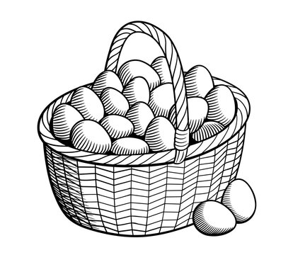 Black and white retro style vector illustration of big wicker basket with chicken eggs