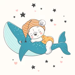 Poster Schattige dieren Vectorillustratie van een schattige baby Beer, slapen op een walvis tussen de sterren.