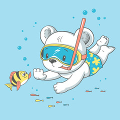 Vector illustration of a cute baby bear, diving underwater.