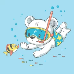 Fototapete Niedliche Tiere Vektorillustration eines netten Babybären, der unter Wasser taucht.