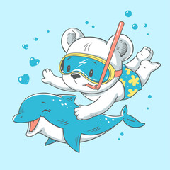 Vectorillustratie van een schattige baby beer, zwemmen met dolfijn.